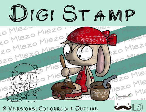 Digitaler Stempel, Digi Stamp Weihnachtsbäckerei-Hase mit Kuvertüre, 2 Versionen: Outlines, in Farbe