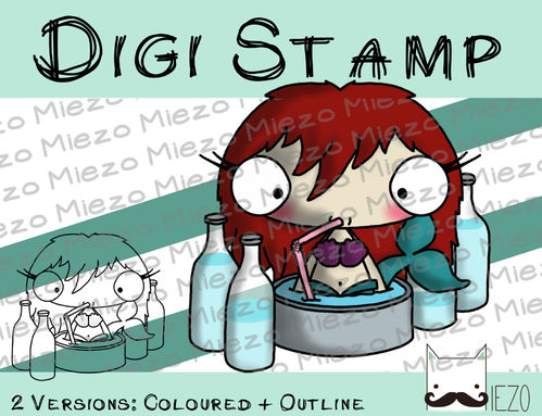 Digitaler Stempel, Digi Stamp Guter Vorsatz: mehr Trinken, Nixe, 2 Versionen: Outlines, in Farbe