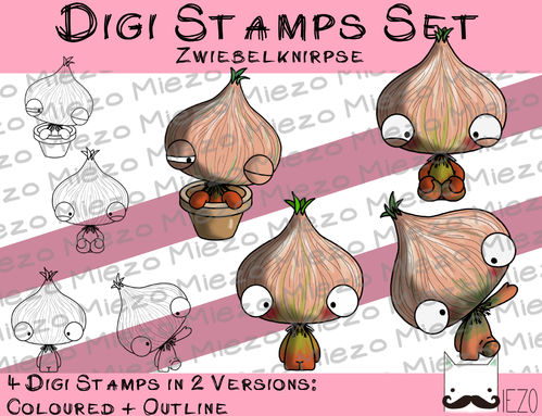 Set Digitale Stempel, Digi Stamps Zwiebelknirpse,  je 2 Versionen: Outlines, in Farbe
