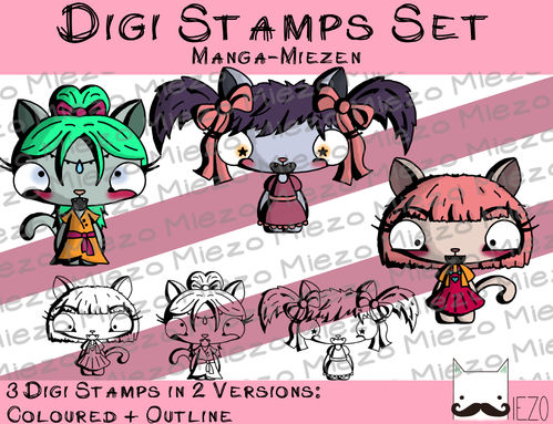 Set Digitale Stempel, Digi Stamps Mangamiezen, je 2 Versionen: Outlines, in Farbe