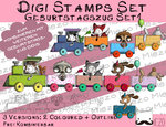 Set Digitale Stempel, Digi Stamps Geburtstagszug Set 1, je 3 Versionen: Outlines, 2 in Farbe