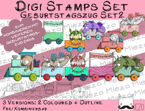Set Digitale Stempel, Digi Stamps Geburtstagszug Set 2, je 3 Versionen: Outlines, 2 in Farbe