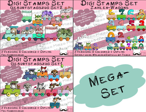 Mega-Set Digitale Stempel, Digi Stamps Geburtstagszug, je 3 Versionen: Outlines, 2 in Farbe