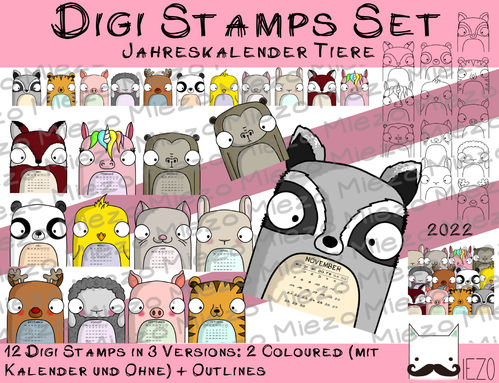 Digitale Stempel, Digi Stamp Set (Jahreskalender 2022 mit ) Tieren , 2 Versionen: Outlines, in Farbe