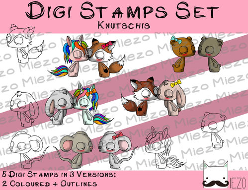 Set Digitale Stempel, Digi Stamps Knutschis, knutschende Tiere, je 3 Versionen: Outlines, 2 in Farbe