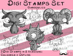 Set Digitale Stempel, Digi Stamps Gargoyles, je 2 Versionen: Outlines, in Farbe