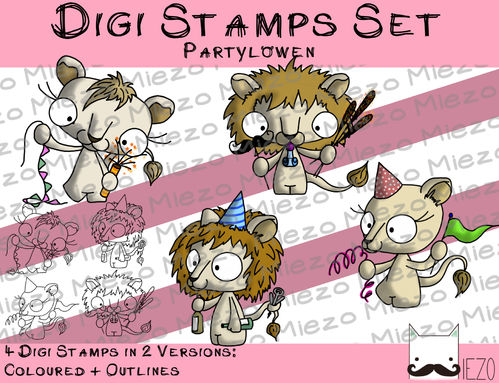 Set Digitale Stempel, Digi Stamps Partylöwen , je 2 Versionen: Outlines, in Farbe