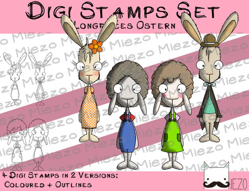 Digitale Stempel, Digi Stamps Set Longfaces Ostern, je 2 Versionen: Outlines, in Farbe