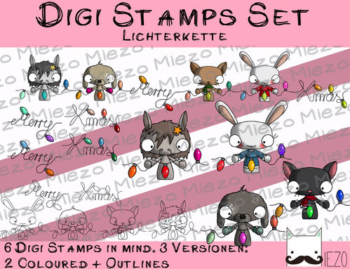 Set Digitale Stempel, Digi Stamps, Lichterketten-Tiere, je mind. 3 Versionen: Outlines, 2 in Farbe