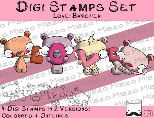 Set Digitale Stempel, Digi Stamps Love-Bärchen, je 2 Versionen: Outlines, in Farbe
